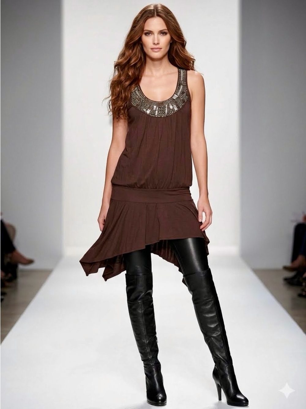 Cache Brown Tiered Rhinestone Sleevless Maxi Top